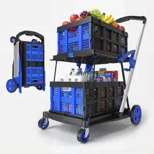 Collapsible Shopping Cart - 2-Tier Multi-Use Functional Portable Folding Food Cart with Wheels & Removable Baskets, Adjustable Foldable Rolling Trolley for Home, Grocery, Supermarket, Lightweight Blue Trolley - Foldable Shopping Cart Jumpstart