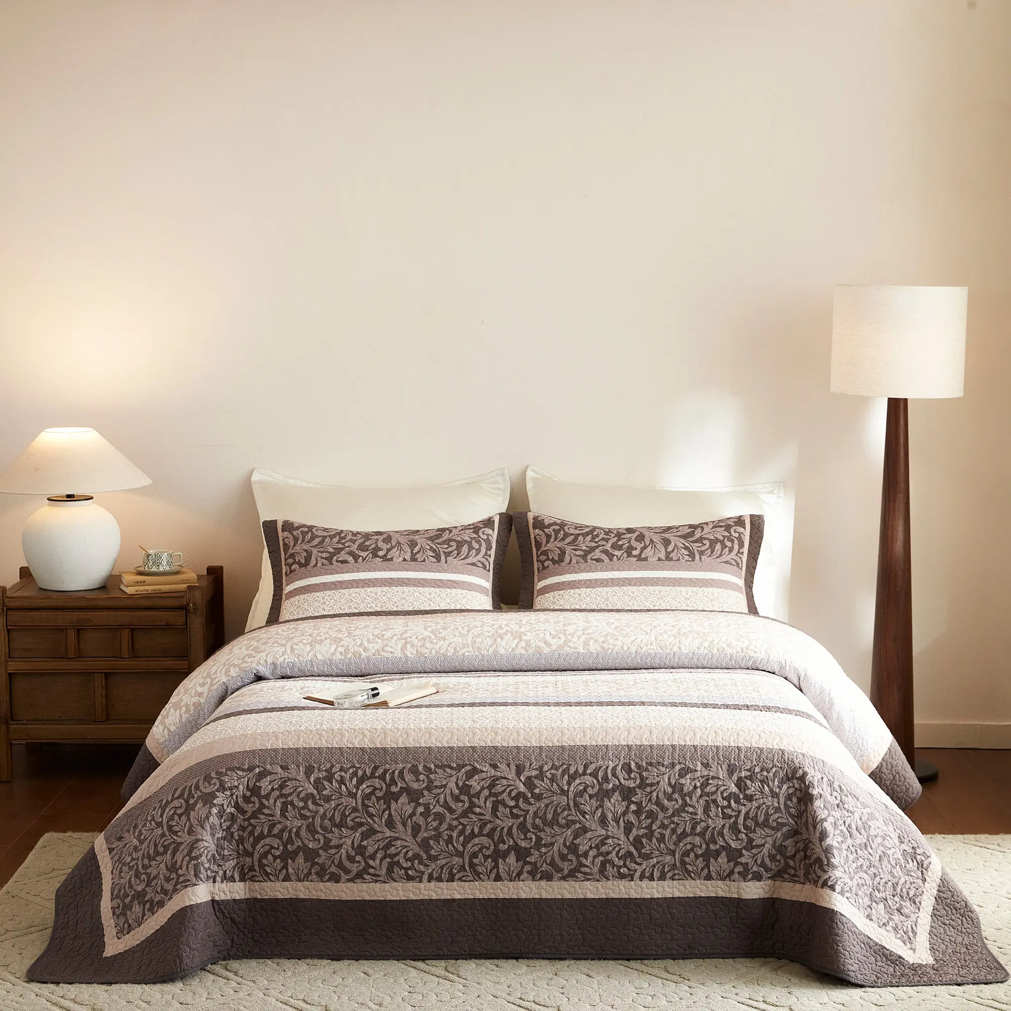 3 Pieces Cotton Traditional Floral Quilted Bedspread Set - Classic Cottage Style Printed Bedding Set