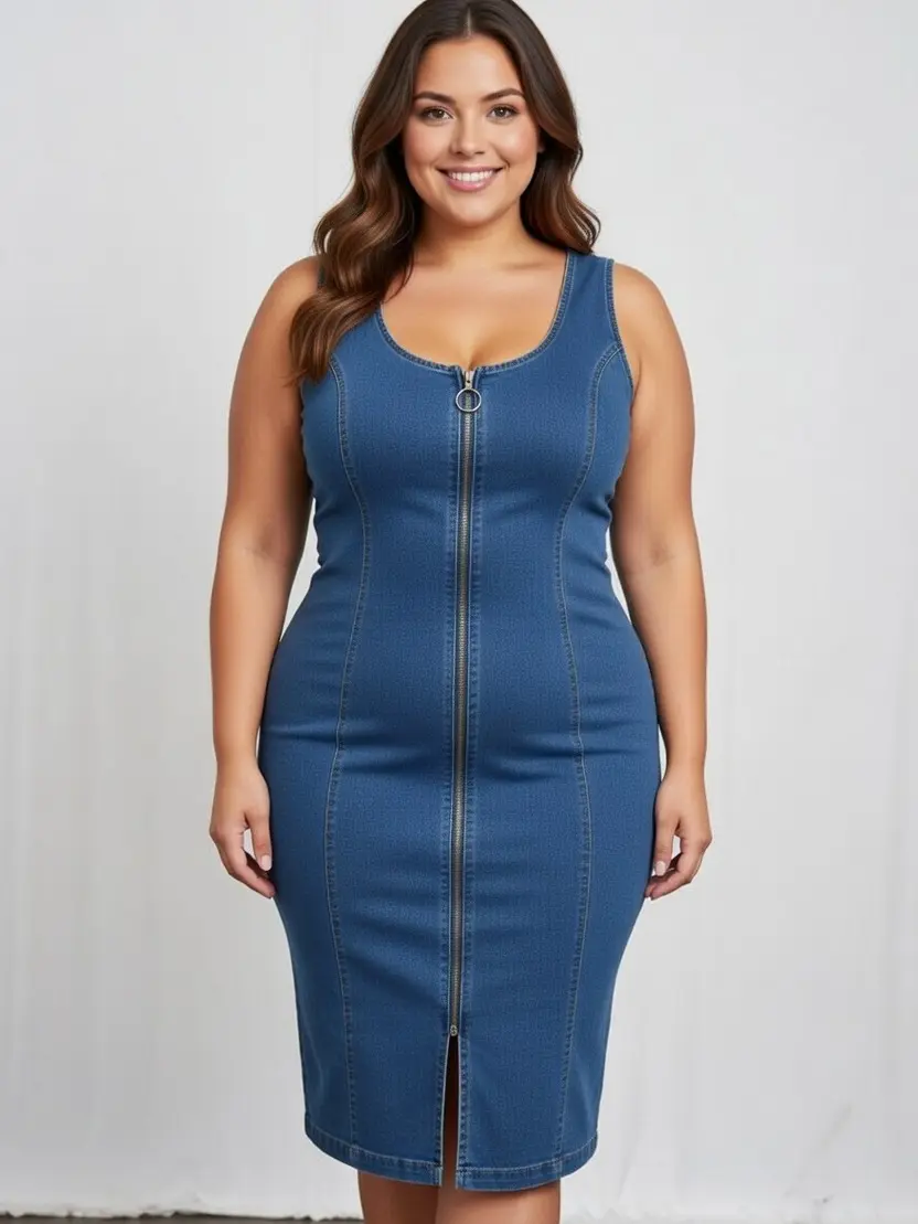 Women's Plus Size Sleeveless Zip Front Denim Dress
