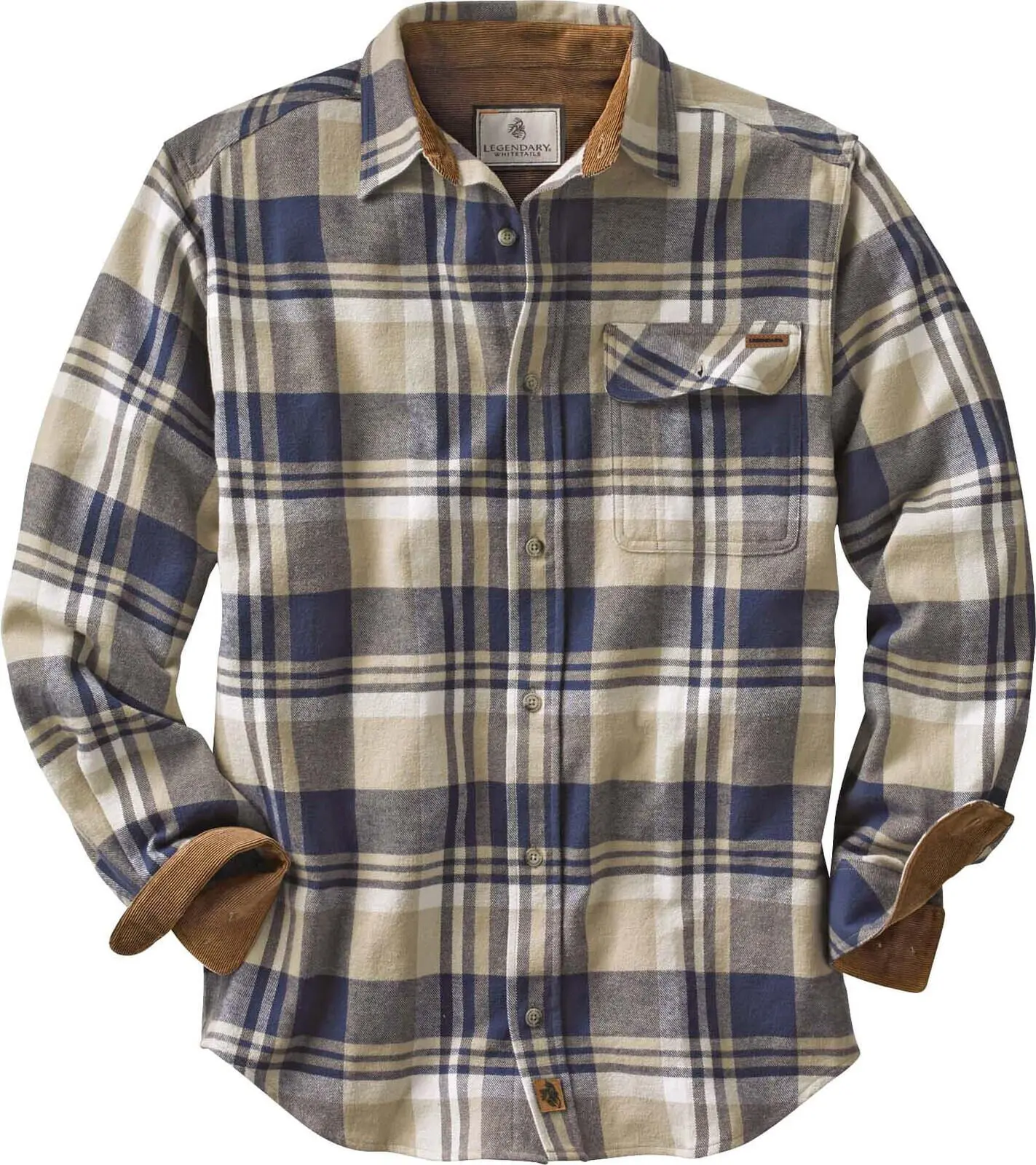 Legendary Whitetails Buck Camp -  Men's Brushed Cotton Fabric Flannel Shirt - Menswear Long-Sleeve Casual Work Tops with Chest Pocket