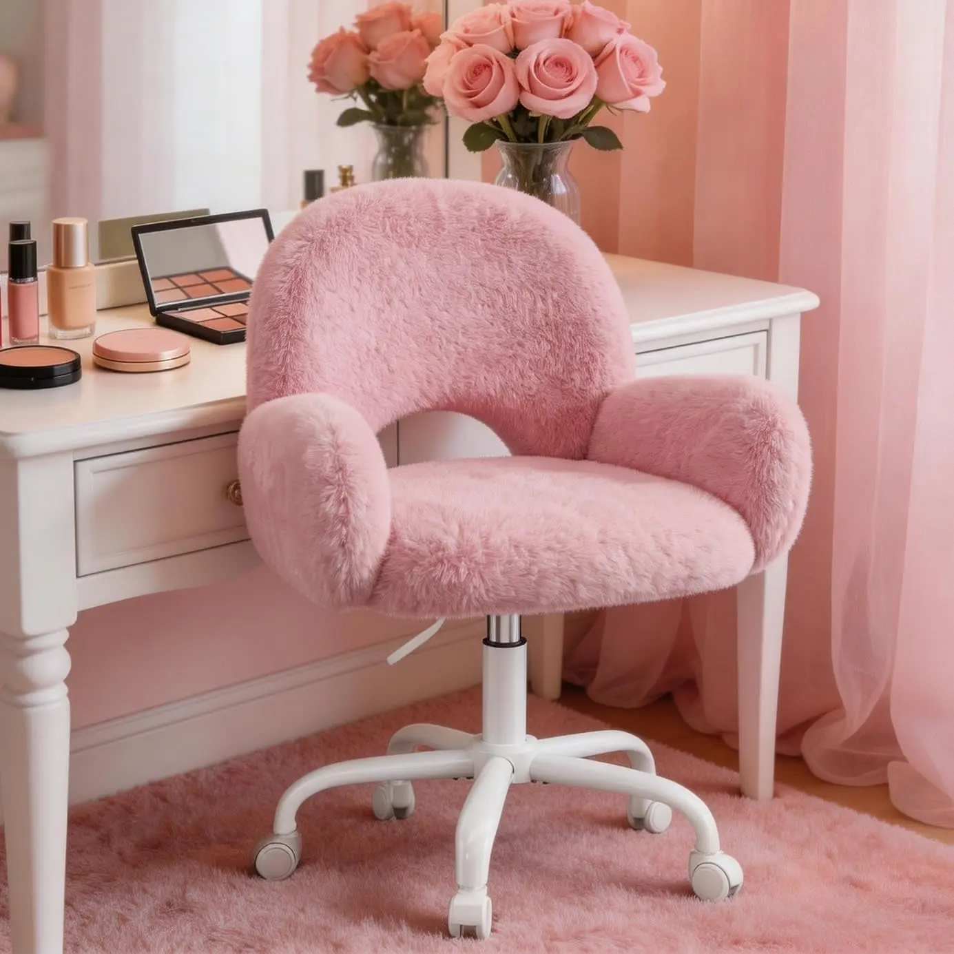 Raybee Vanity Chair with Arms & 4" Ultra-Thick Seat Cushion, Pink Desk Chair with Round Hollow Back& 360° Swivel Wheels,Hight Adjustable , Cute Office Chair for Make-up Room, Bedroom, Home Office, Salon, Faux Rabbit Fur,Gift