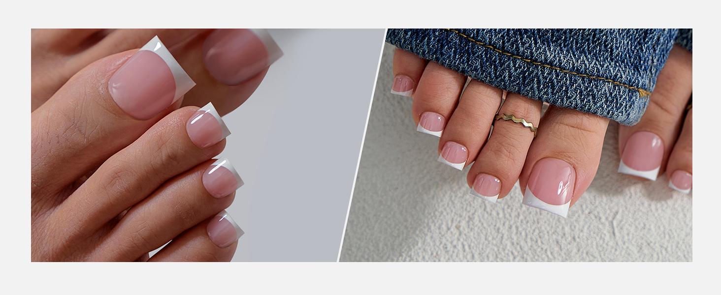 BTArtbox Press On Toenails - Lamp-Curable Real Square Toe Nail Press Ons with Glue for Women, Semi-Transparent French Tip Fake Toe Nail Tips in 15 Sizes - 30 Toenails Kit, Ma'am Acrylic Gel System