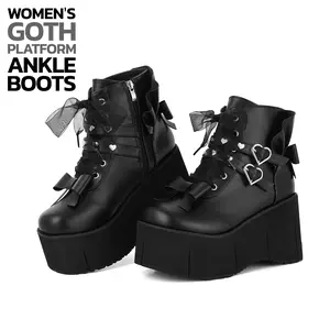 VIMISAOI Platform Ankle Boots for Women Goth Round Toe Chunky Wedge Heel Side Zip Buckle Y2K Fashion Combat Boots Punk Rave Concert Ankle Boots Valentine gift For her