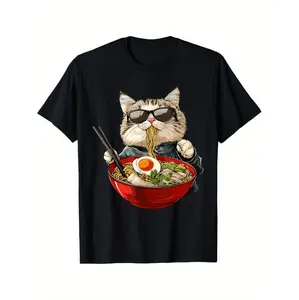 Stylish Men's Kawaii Cat Ramen Graphic Tee in 100% Cotton Featuring Playful Anime Design Ideal for Casual Summer Wear