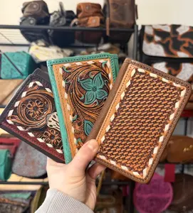 Genuine hand painted & tooled leather tri fold wallet with cowhide patch