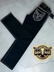 Pcto -1410 Black Men's Western Cowboy Jeans Straight Fit Boot Cut / Pantalon Vaquero para hombre