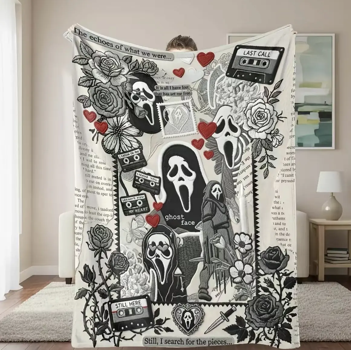 Ghost Face Roses Floral Cassette Embroidery Flannel Blanket - Soft Warm Lightweight Art Print Decorated Throw with Floral Accents, Face Print Option for Bedroom, Halloween Home Decor Gift, Art Print Blankets, Decorated Blankets