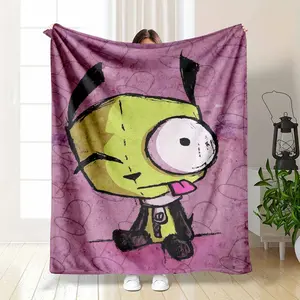Invader Zim Gir Flannel Blanket Cute Green Robot Cartoon Character Art Print Soft Warm Cozy Lightweight Throw Ideal for Sofa Bedroom Office Travel Gift Decor Use summerwins
