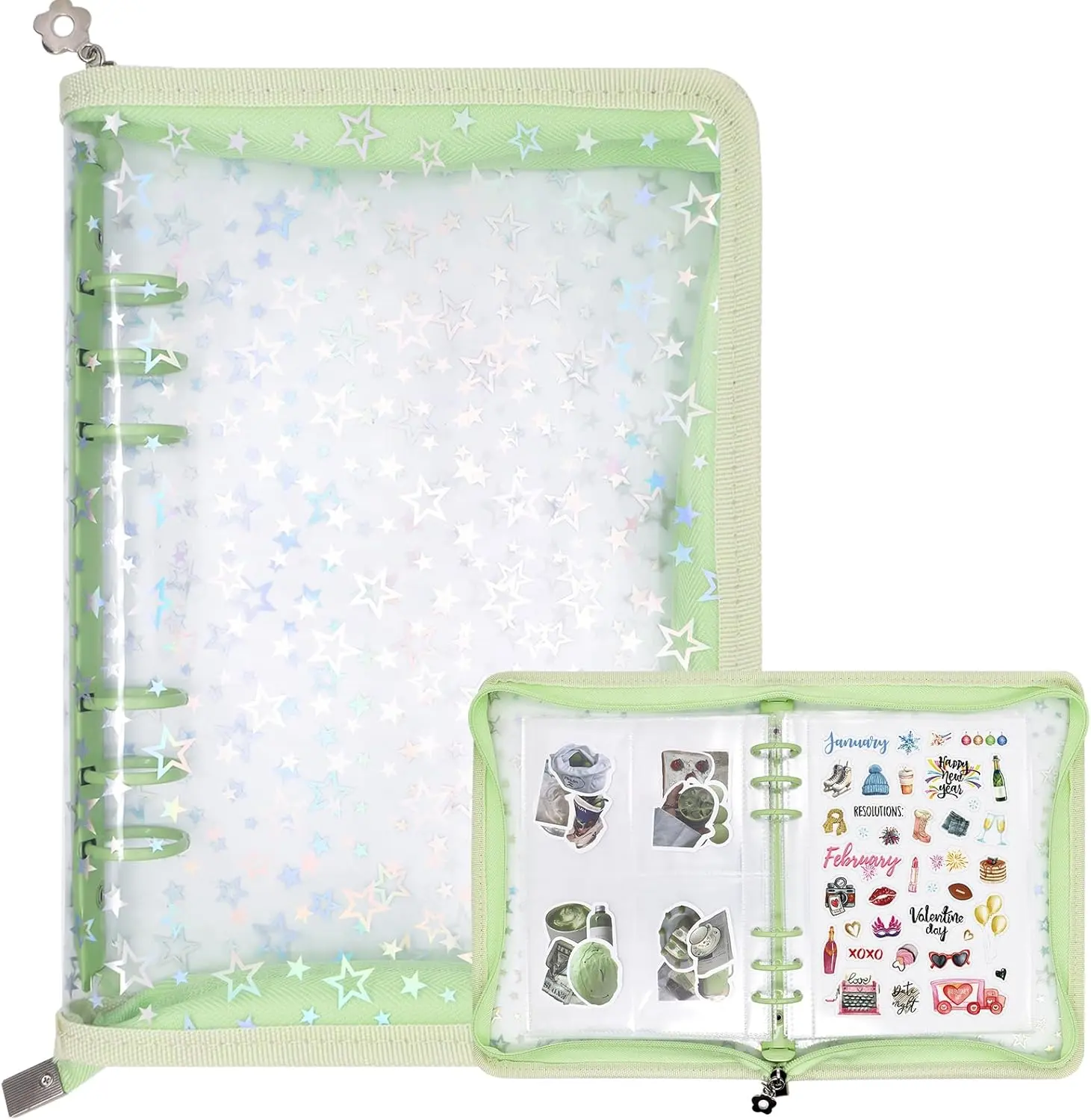 Green A5 Sticker Organizer Binder - Flexible Binder Ring, Zipper Closure, 3 Sizes of Inner Pocket Pages, Larger Capacity DIY Toy Sticker Collecting Storage Album for Daily Storage