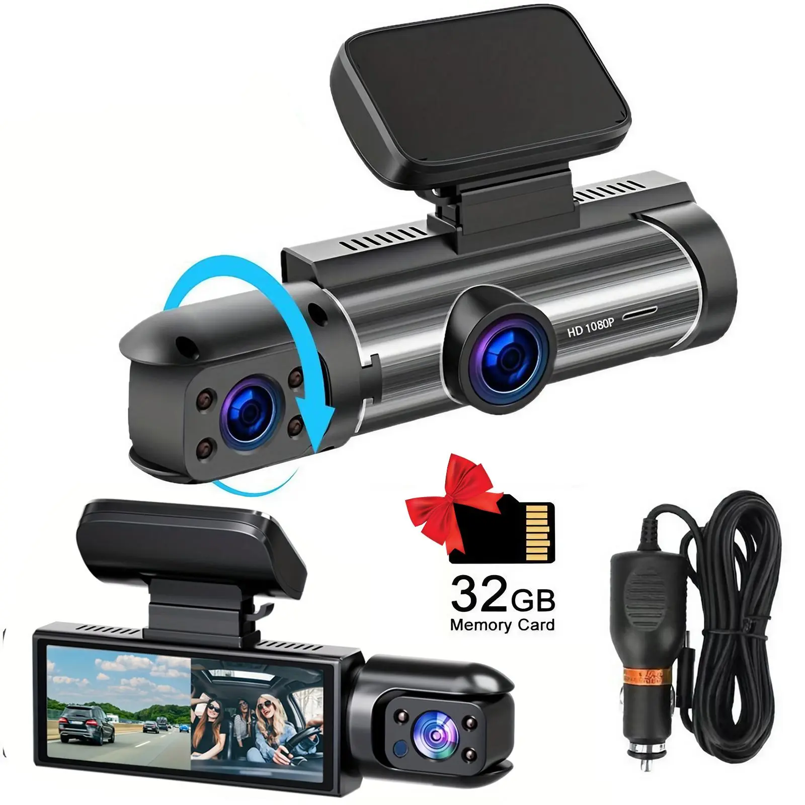 Car DVR with 32G Storage Card, 1080P HD Front & Built-in Camera, 3.16 Inch IPS Screen Car DVR with Infrared Night Vision Function, Car Video Surveillance