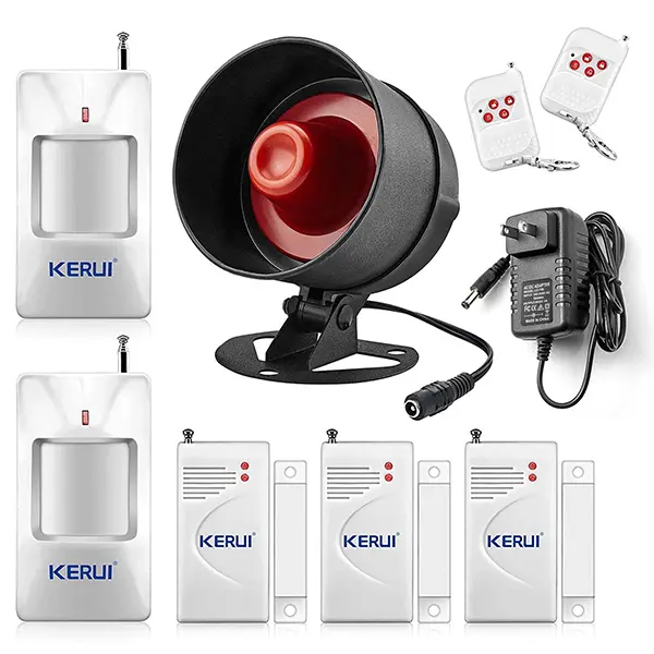 KERUI Standalone Home Office & Shop Security Alarm System Kit, Wireless Loud Indoor / Outdoor Weatherproof Strobe Siren Horn with 2 Remote Control and 3 Door Contact Sensor,2 Motion Sensor Door Alarm Home Hotel Garage Shop Burglar Alarm System