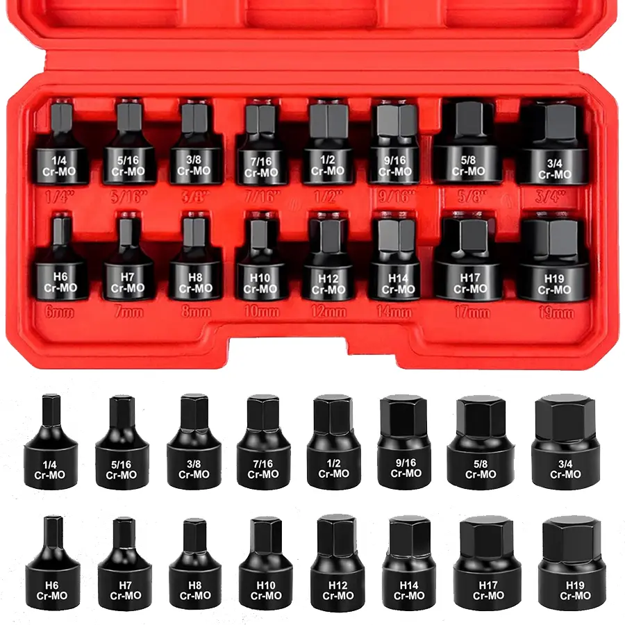 3/8-Inch Drive Low Profile Impact Hex Driver Set, 16-Piece Stubby Hex Bit Socket Set, Cr-Mo Steel, SAE/Metric, (1/4" - 3/4", 6-19mm)#