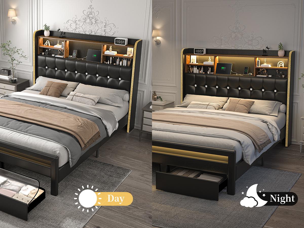 California King Bed Frame with Bookcase Storage Headboard and 2 Drawers, 52" Ultra-High LED Bedframe with Charging Station, Linen Upholstered Crystal Button Tufted Wingback Beds with Footboard,Black/White/Cream/Gray California King Bed Frame with Bookcase Storage Headboard and 2 Drawers, 52" Ultra-High LED Bedframe with Charging Station, Linen Upholstered Crystal Button Tufted Wingback Beds with Footboard,Black/White/Cream/Gray