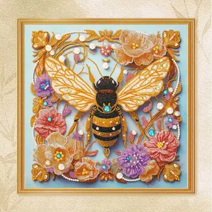 【NO Box】DT Luxury Bee & Floral Full Drill Diamond Painting Kit Hand Embroidered Rhinestone Art with Golden Accents Pearls Home Wall Decor Gift for Art Enthusiasts 19.6x19.6 inches