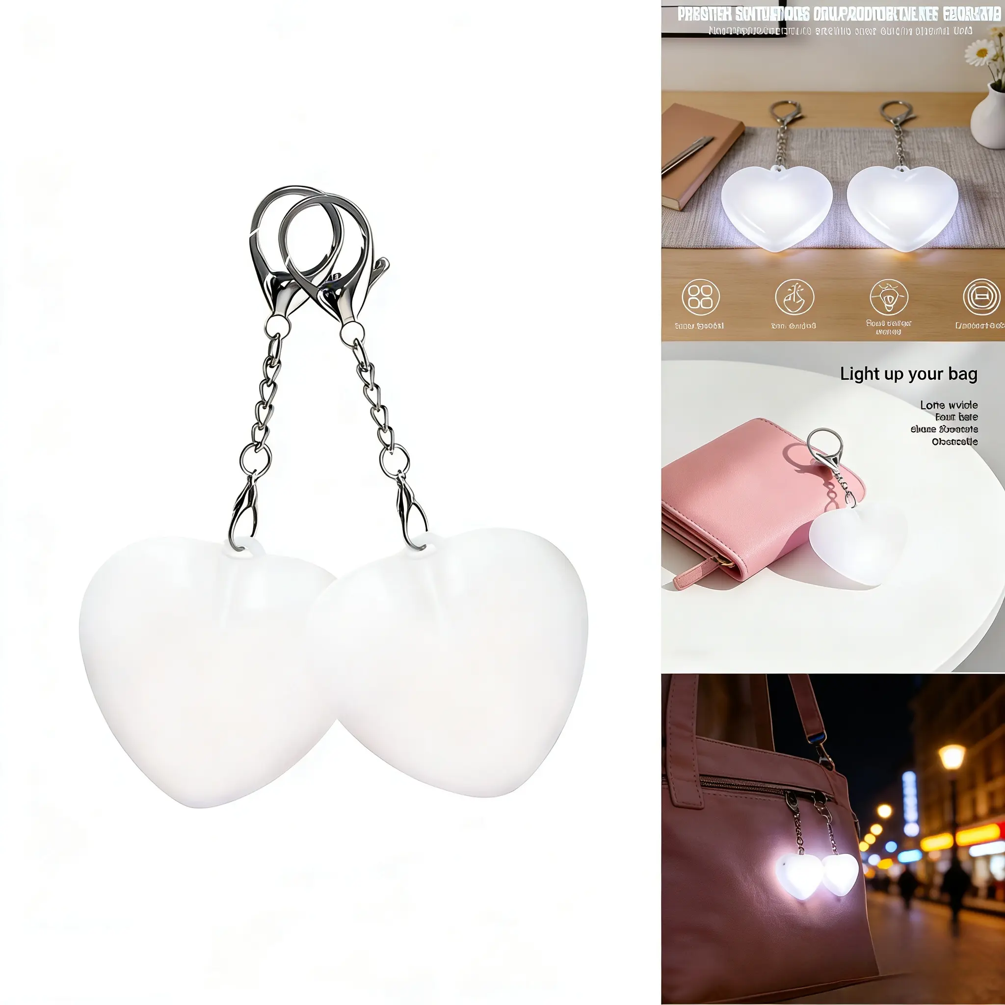 Cute Heart Shaped Keychain Flashlight & Bag Charm for Women, Portable Touch Sensor Nightlight with USB Charger