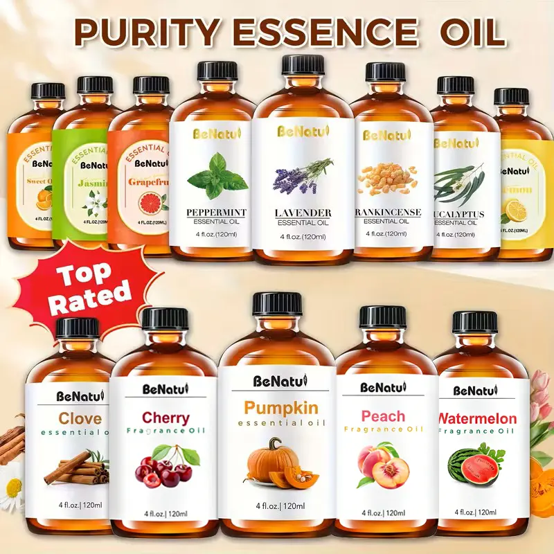 Benatu Essential Oil, Peppermint, Lavender, Eucalyptus, Frankincense For Diffusers, Humidifier Car Air Freshener, Soap Making, Aroma Fragrance 120ml
