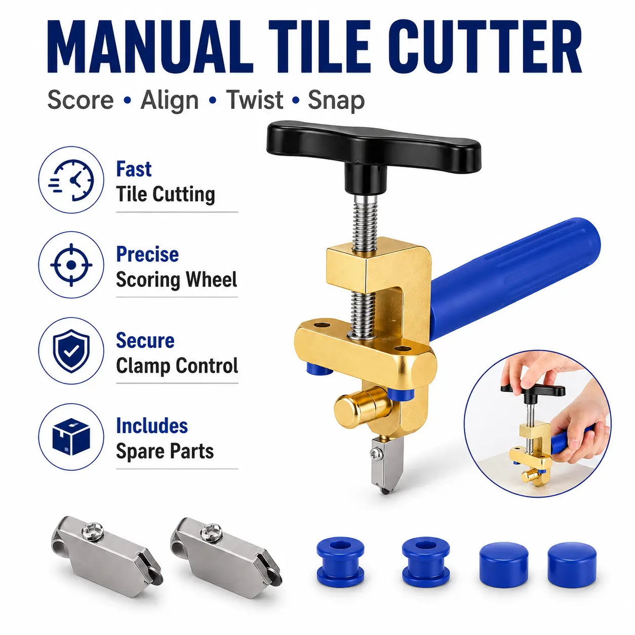 Manual Tile Cutter Tool, Fast Score Align Snap Tile Opener for Ceramic Porcelain Glass, Handheld Tile Cutting Tool with Precision Scoring Wheel, Twist Handle Clamp, DIY Bathroom Kitchen Backsplash Renovation