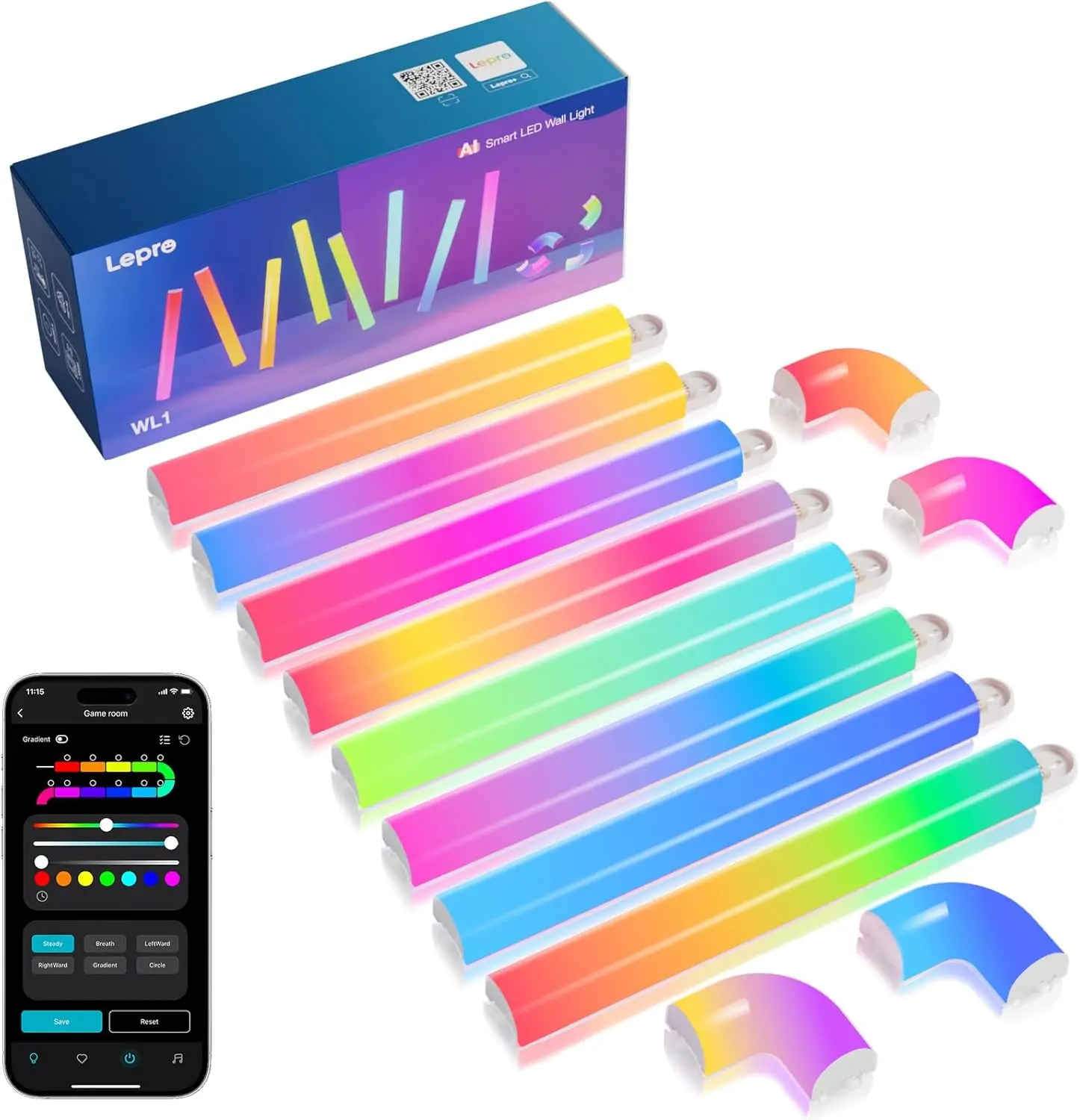 LEPRO AI Smart RGB Wall LED Light Bars (8-Piece Set with 4 Corners) - LLM AI-Generated Integrated Color Changing Mood Light, LightBeats Music Sync, App Voice Control, Wi-Fi & Bluetooth, Indoor Bedroom Dancing Room Decor Tools