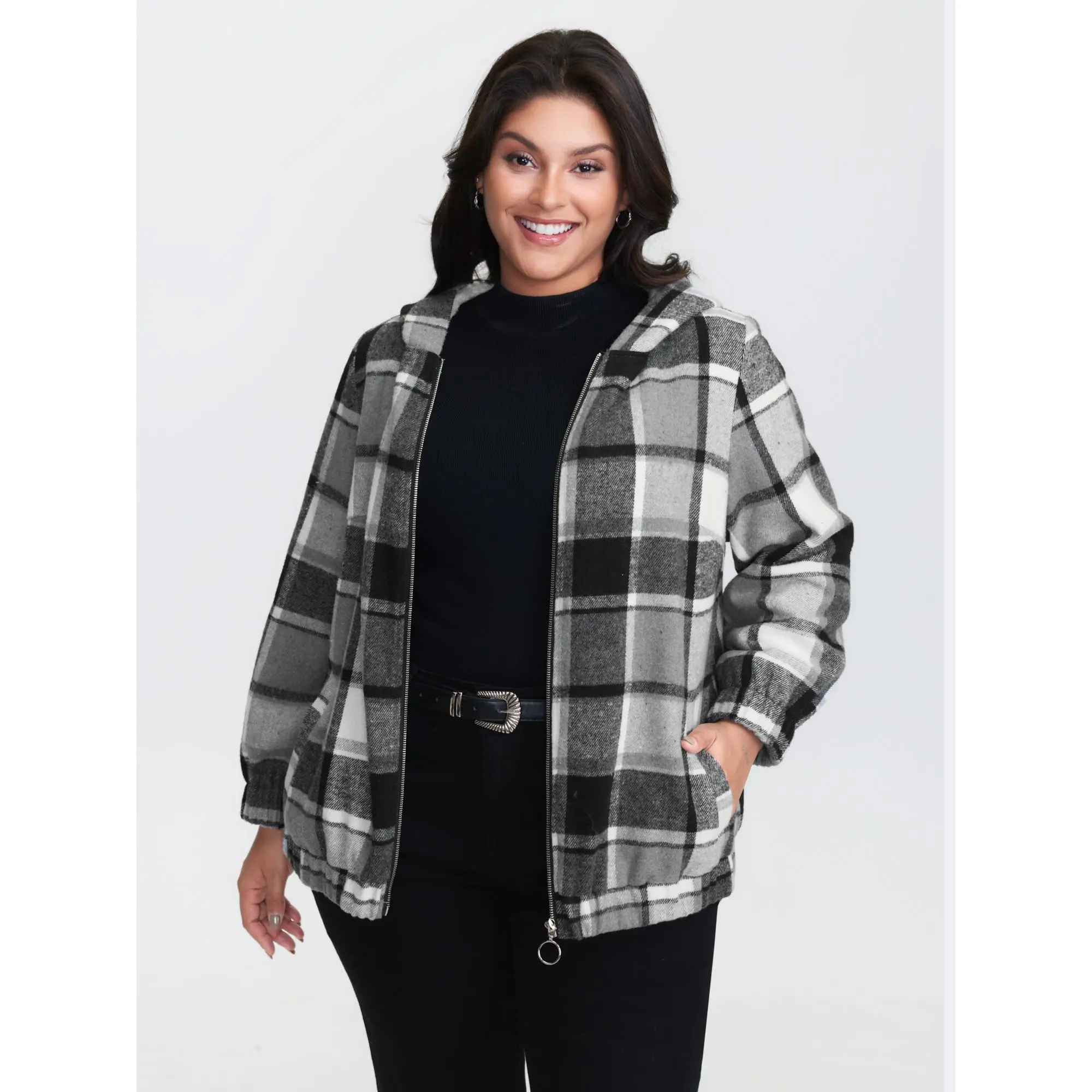 【Zipper Hoodies】BLOOMCHIC Checkered Pattern Lined Faux Fur Zipper Hoodie 2026SummerfindsSummerfinds