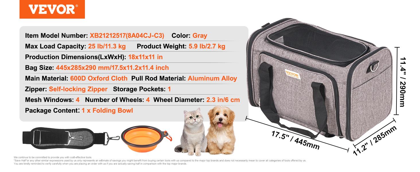 VEVOR Cat Carrier with Wheels, TikTokShopBlackFriday, Airline Approved Rolling Pet Carrier with Telescopic Handle and Shoulder Strap, Dog Carrier with Wheels for Pets, with 1 Folding Bowl