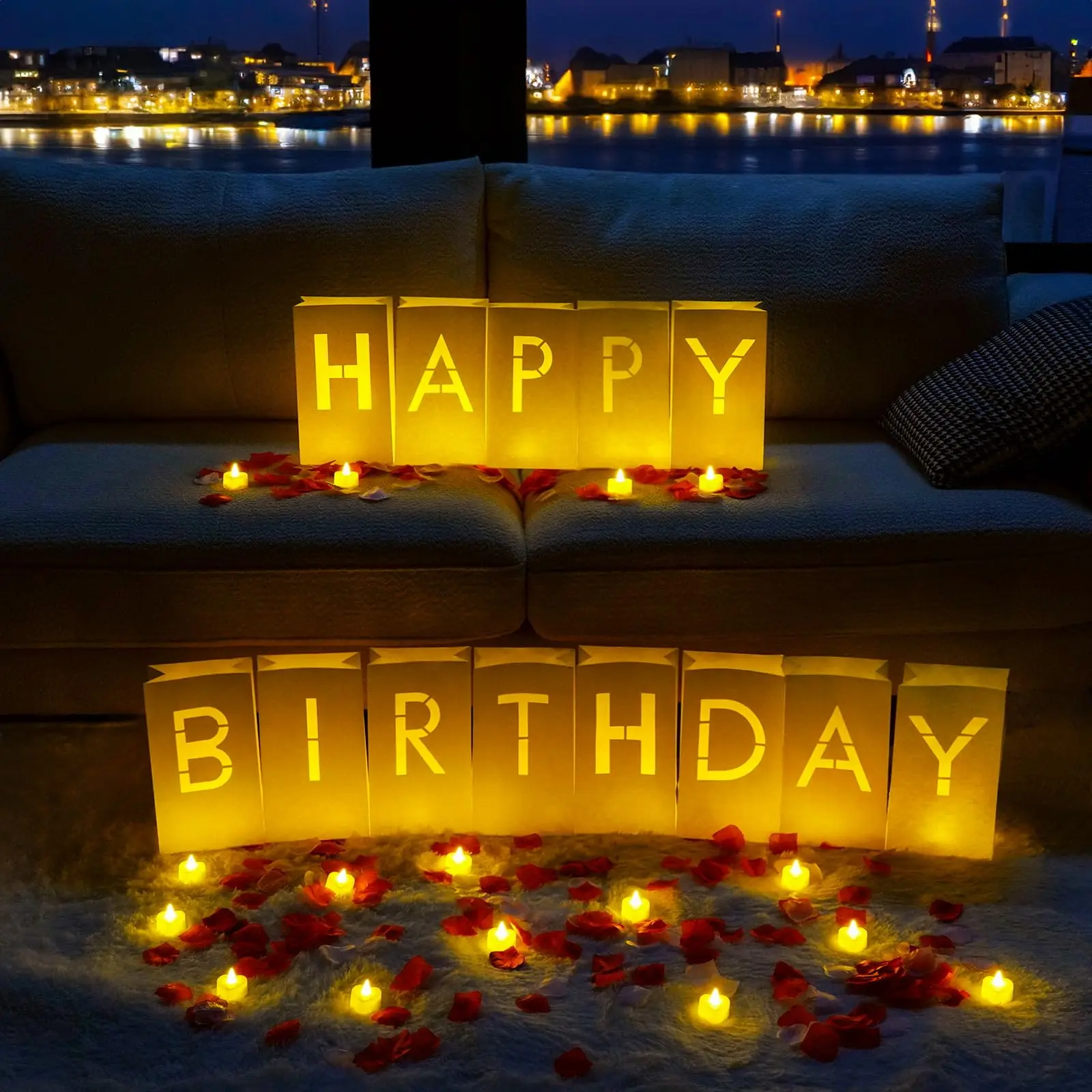 [Back to School] Marquee Letter Decorative Lights - Happy Birthday Luminary Bags with 24 Flameless Tea Lights, 2000 Rose Petals, Outdoor Lighting, Romantic Festive Decorations for Children’s Day Parties, Gifts #homeessentials #TikTokShopBackToSchool
