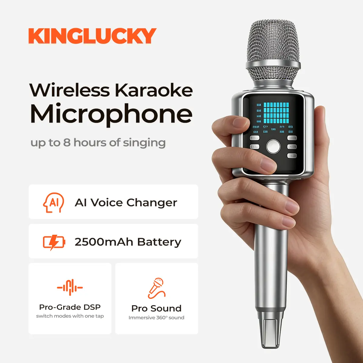 KINGLUCKY H9 Wireless Karaoke Microphone, AI Vocal Remover & Voice Changer, Bluetooth Speaker Mic for Family Party, iOS/Android