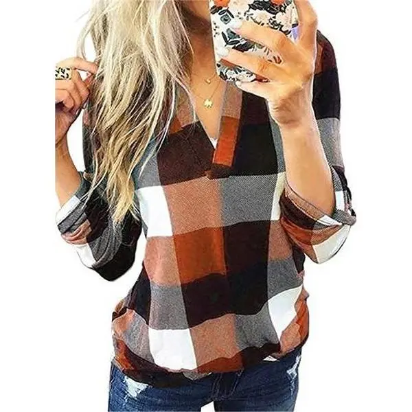 Dokotoo Women's Spring Summer Fall Fashion Casual Ladies Basic Cuffed 3/4 Long Sleeve Plaid Print V Neck Work Tops Tunic Shirts and Blouses for Women 2021 Orange