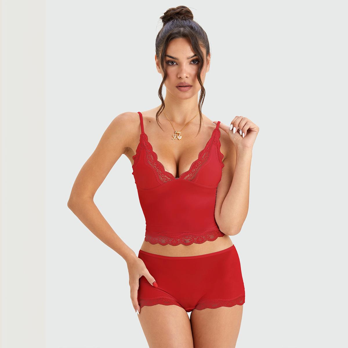 LUMENNEST Lounge Women's Minimalist Lace Series Spaghetti Strap Lace Trim Wirefree Breathable V-Neck Camisole & Panties Set, Basic Underwear Set