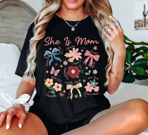 She Is Mom T-Shirt, Coquette Praying Mama Shirts, Religious Mom Shirt, Floral Mother's Day T-Shirt, Blessed Mom Bow Tee, Bible Verse Shirts