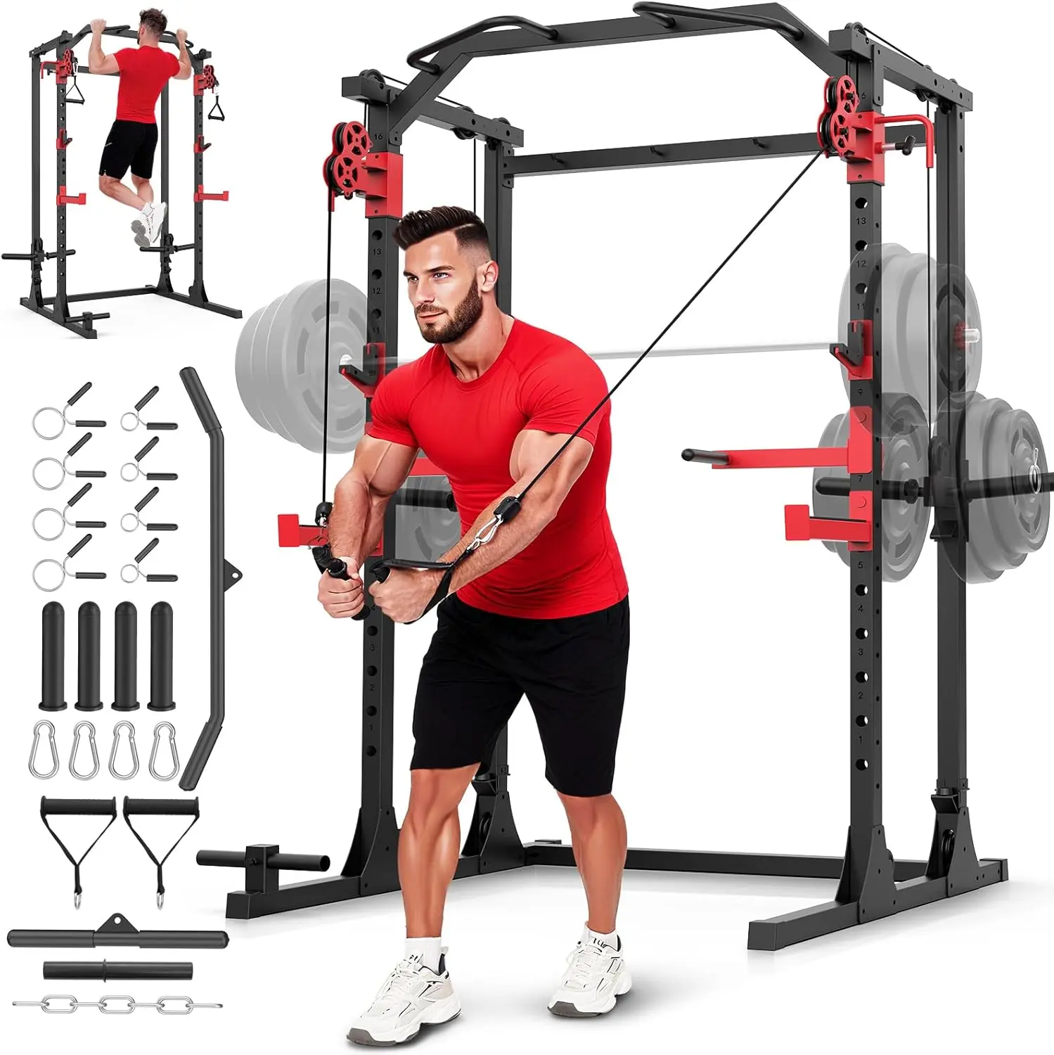 【Live Only】OPPSDECOR Power Cage, 2000LBS Multi-Function Squat Rack with Dual Cable Pulley System, Power Rack with Grip Pull-Up Bar, J-Hooks and More Attachments & Storage for Home Gym Full Body Training outdoorfun,SummerWins