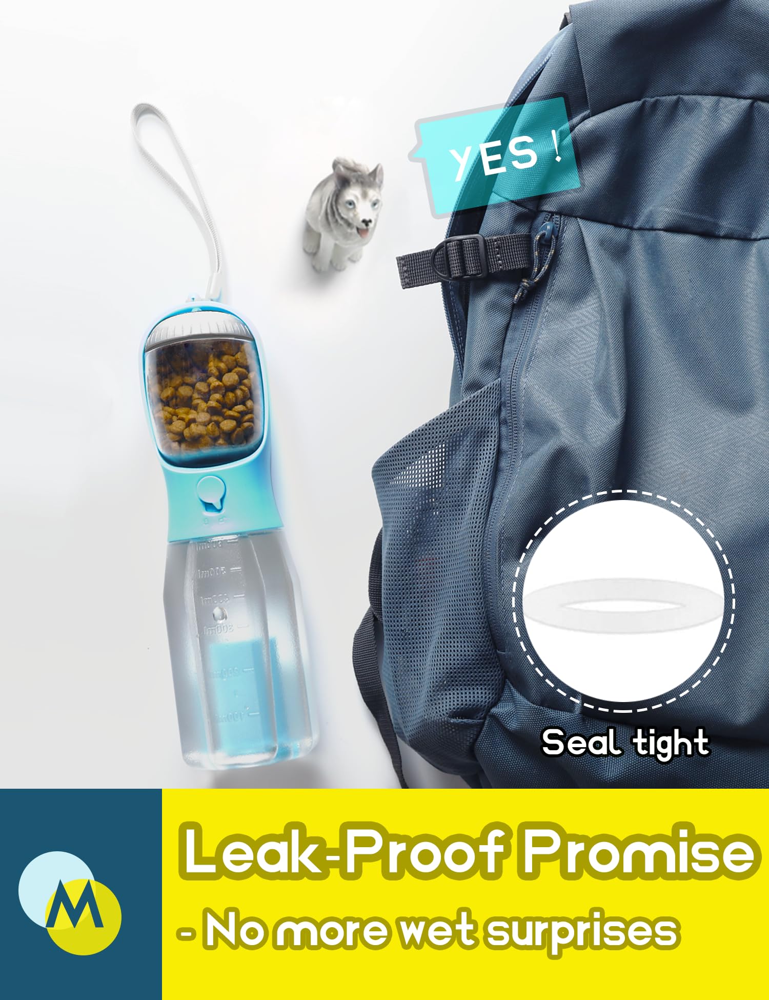 UFORU Portable Water Bottle for Dogs, 3 in 1 Pet Travel Bowl Dispenser with Food Treat Container & Poop Bag Holder, Summer Outdoor Walking Hiking Accessories for Large Dog On The Go - Blue, 20oz