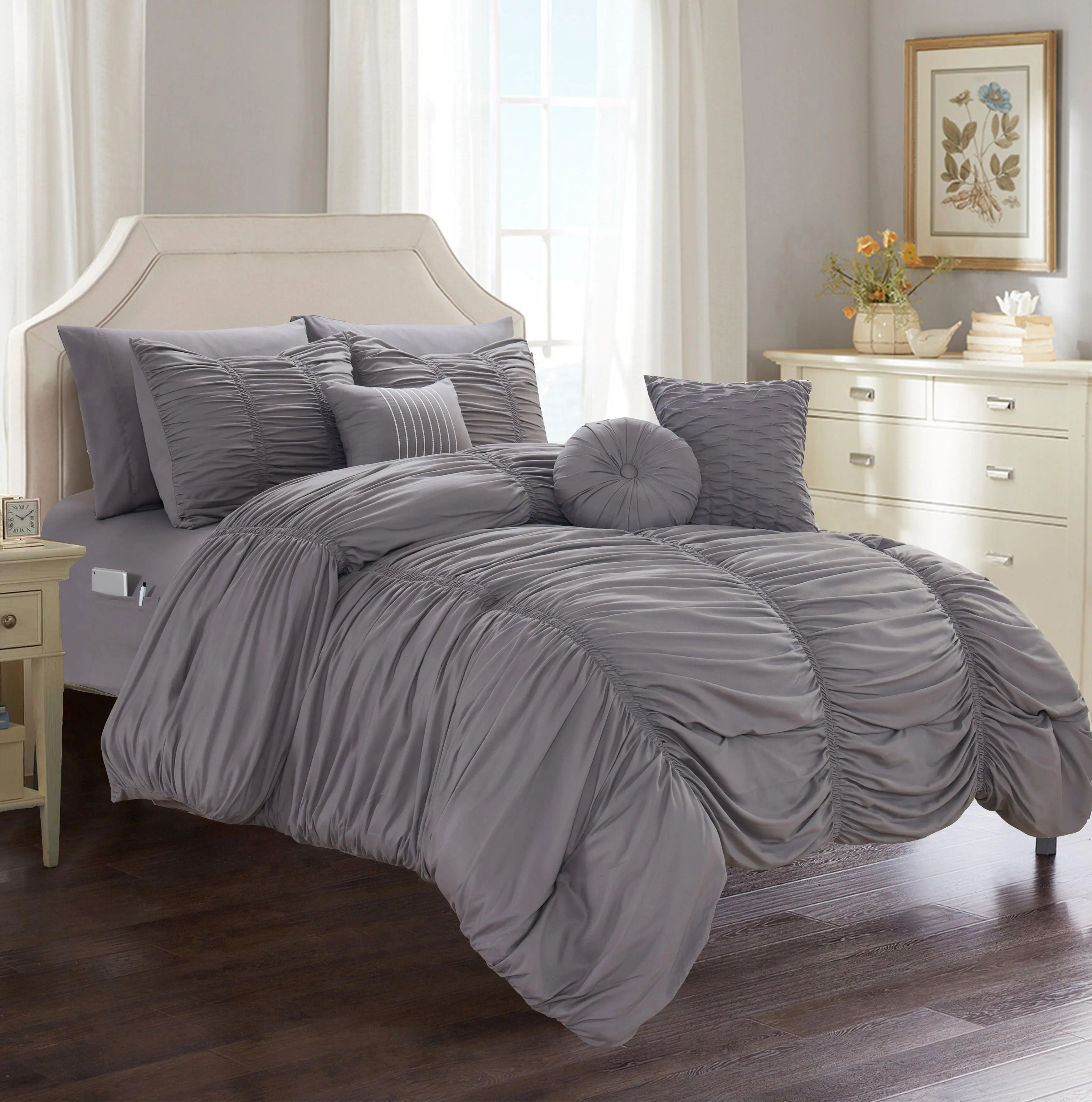 Elegant Comfort 10-Piece Pleated Comforter Set – Elegant Textured Design with 4-Piece Sheet Set with Double Sided Storage Pockets