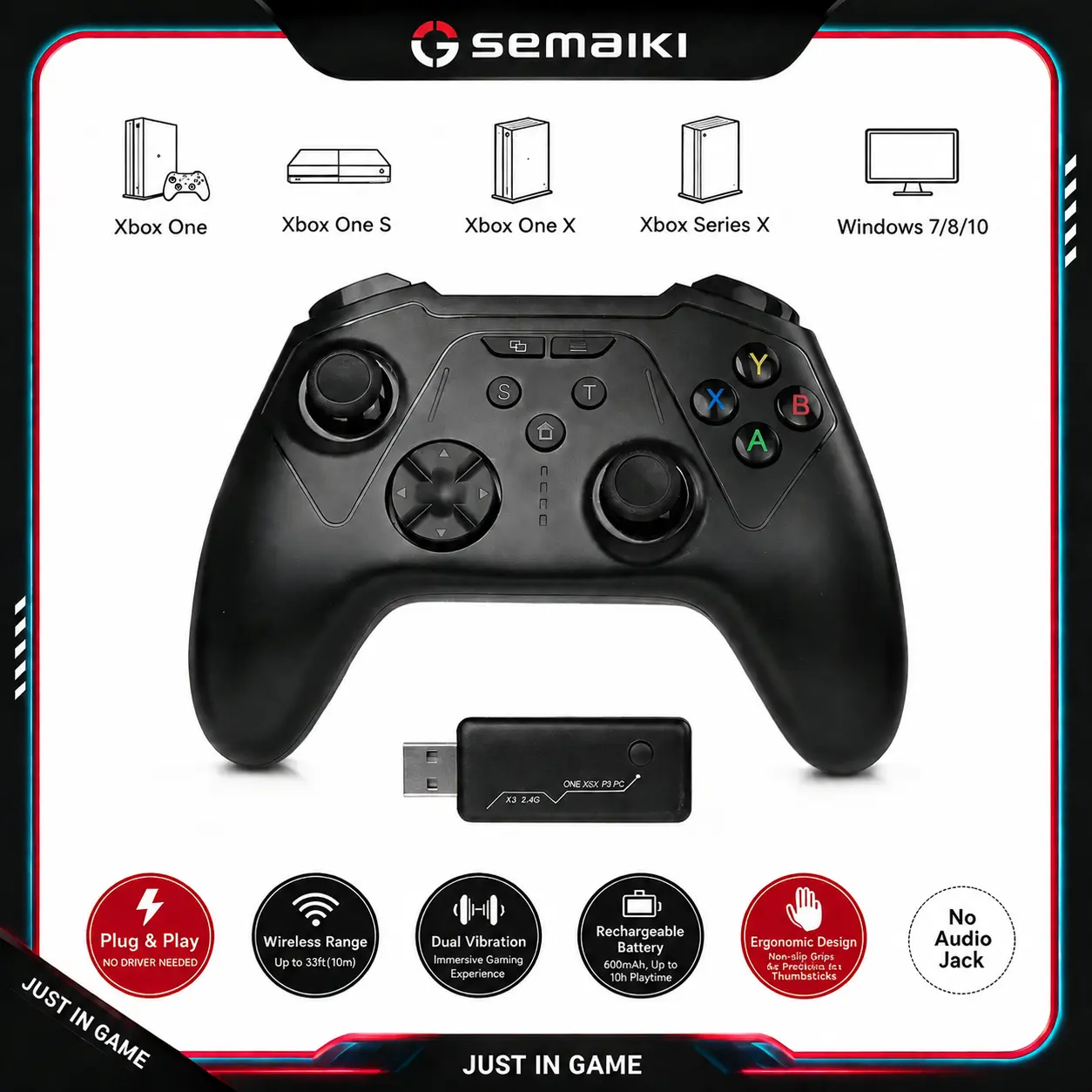 Semaiki Anti-Drift Rechargeable Ergonomic 2.4GHZ Wireless Thumbstick Gamepad Controller with Receiver, Dual Vibration, Portable Design, Compatible with Xbox 1-S-X/Xbox Series X-S/PC
