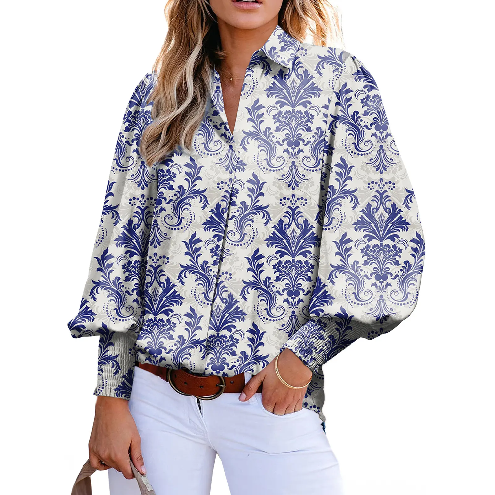 EVALESS Women's Boho Paisley Print Polyester Blouse - Elegant V-Neck Long Sleeve Shirt with Button Closure, Lantern Sleeves, Elastic Details, Lightweight Loose Fit, Soft Women's Fashion Polyester Clothes for Office Layering, Casual Classy Elegant, Tops Fo
