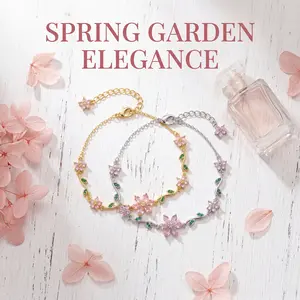 Spring Garden Floral Bracelet & Beaded Bracelet Feminine Crystal Jewelry with Pink Flowers and Green Leaves Exclusive Gift for Women & Girlfriends   Stylish & Versatile, High-Quality Texture valentines gift for husband gift basket valentine's gift for bf