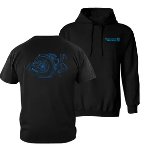 Sinister Diesel T-shirt and Hoodie, 2 Sides, Front Chest Logo and Back Blue Turbo Blueprint Graphic, Black Performance Apparel for Diesel Truck Owners and Boosted Engine Fans