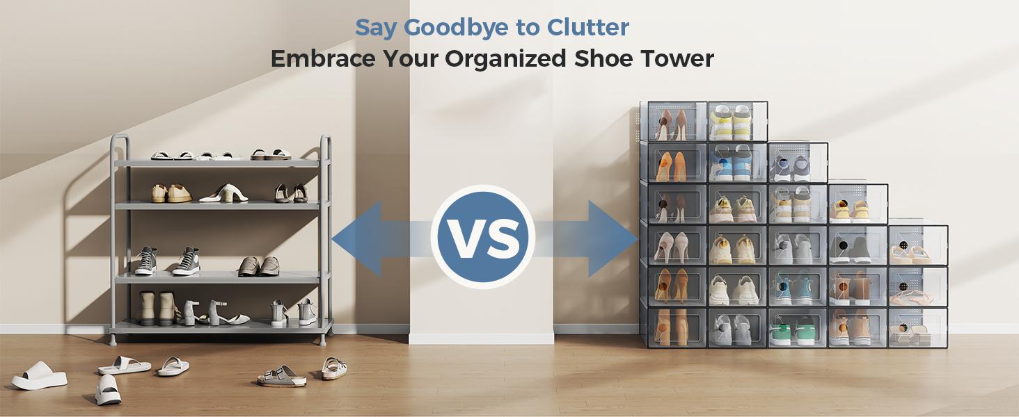 【New】Stackable Shoe Storage Boxes, 12-Pack Plastic Shoe Organizers with Lids, Large Shoe Rack & Holder for Closet, Under Bed, Entryway, Sneaker Display and Storage Containers