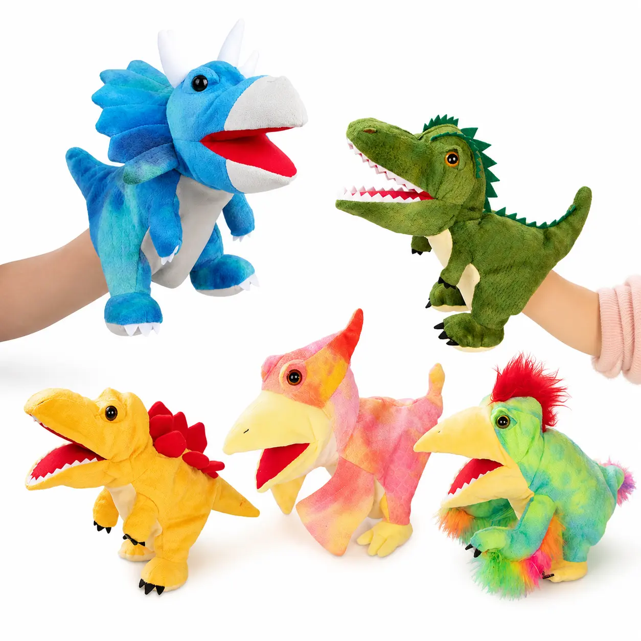 5 Styles Dinosaur Hand Puppet Soft Plush Dino Toy for Kids Storytelling, Role Play, Family Playtime and Classroom Activities