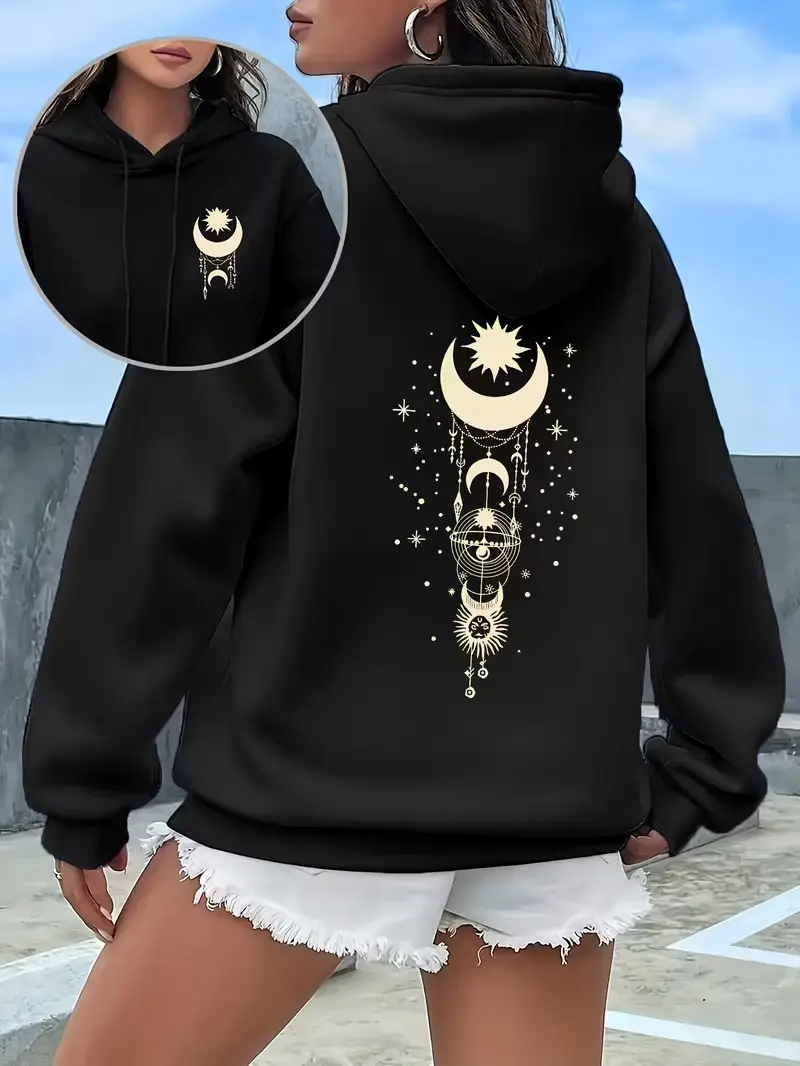 Celestial Sun Moon Phase Dreamcatcher Dual‑Side Print Cotton Outer Fleece Lined Hoodie, Mystical Boho Casual Pullover Hooded Sweatshirt, Daily Holiday Gift