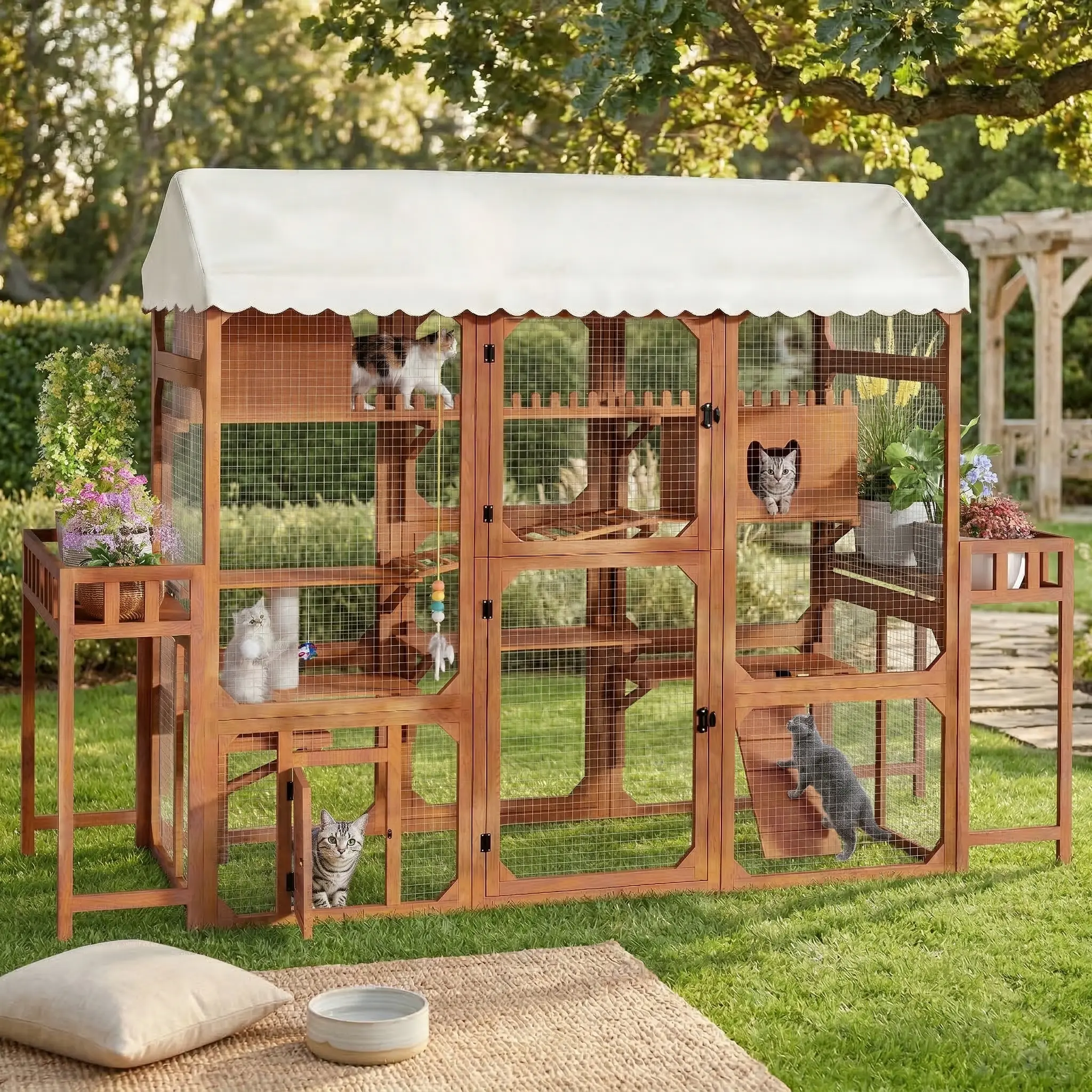 Wooden Outdoor Cat Enclosure Catio with Plant Stands, Multi-Level Cat Playpen, Weather Resistant Roof, Rest Box, Climbing Ramps & Wire Mesh for Backyard Patio