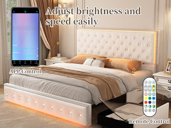 Sibeds Full LED Galaxy Bed Frame Set, Modern Smart Upholstered Platform Bed with Storage Drawers, Crystal Button Tufted Headboard, Solid Slat Support, Noise-Free, No Box Spring Needed, PU & Velvet, Black/White/Gray/Beige