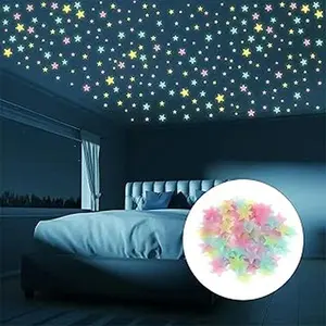 100Pcs Glow in The Dark Stars Wall Stickers Luminous 3D Fluorescent Adhesive Decoration for Home Bedroom Ceiling (100Pcs Colorful)