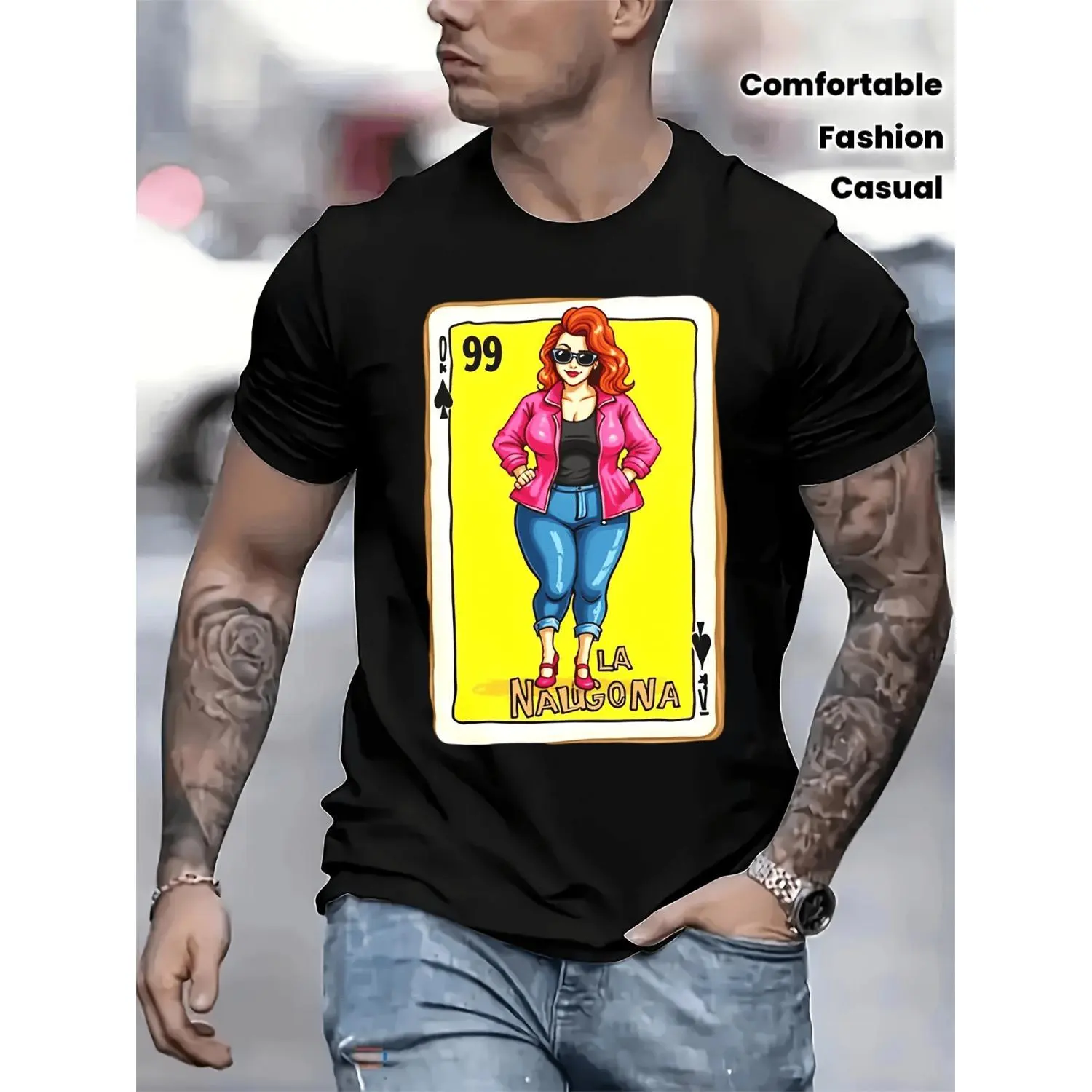 Men's Casual Shortsleeve Cotton T-Shirt, Menswear Top with Loteria Card La Nalgona Graphic Print, Funny Novelty Tee