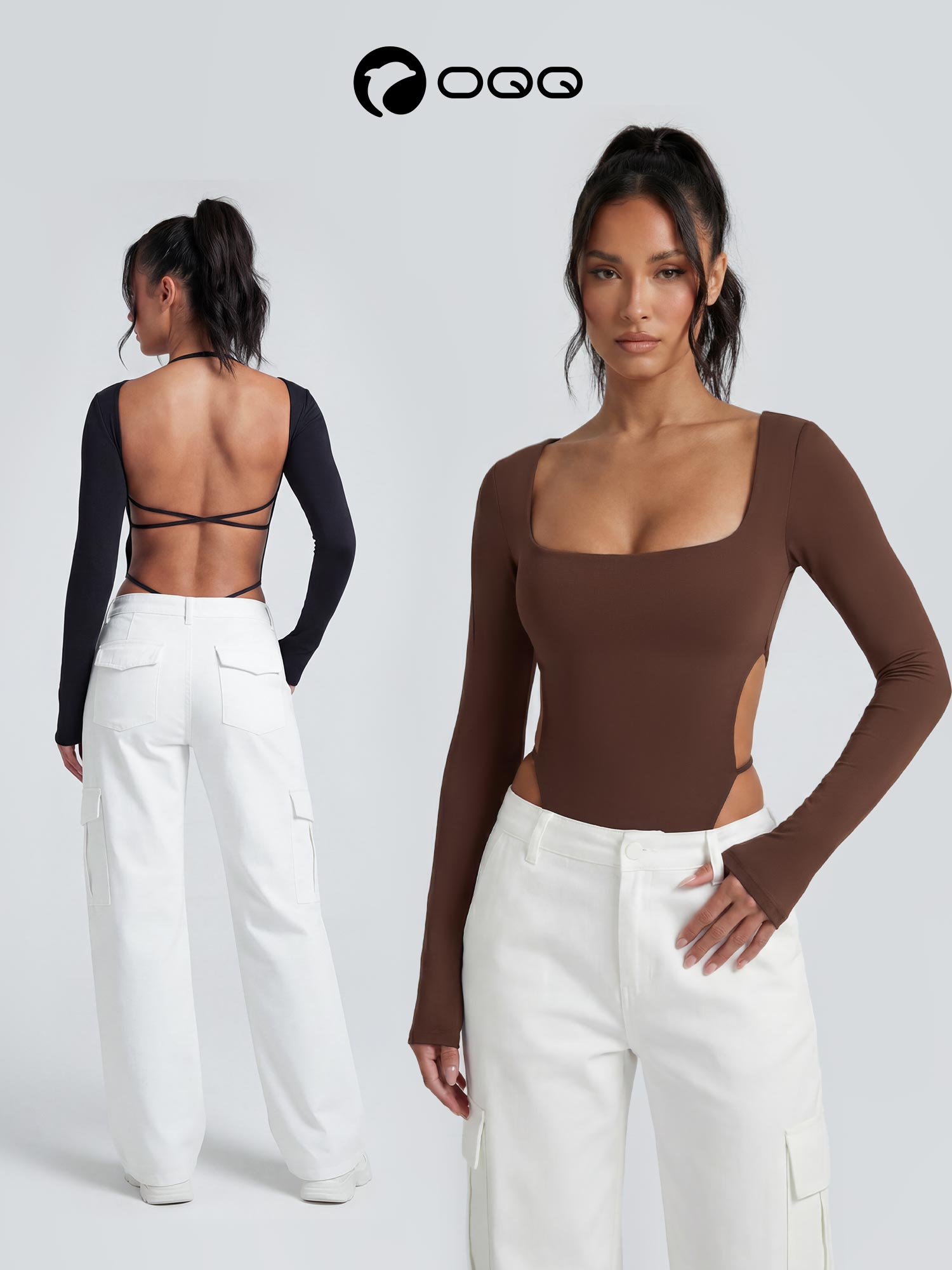 OQQ Women's Sexy Long-Sleeve Square Neck Bodysuit Top with Criss-Cross Back Fashion-forward Stylish Design for Trendy SpringStatements