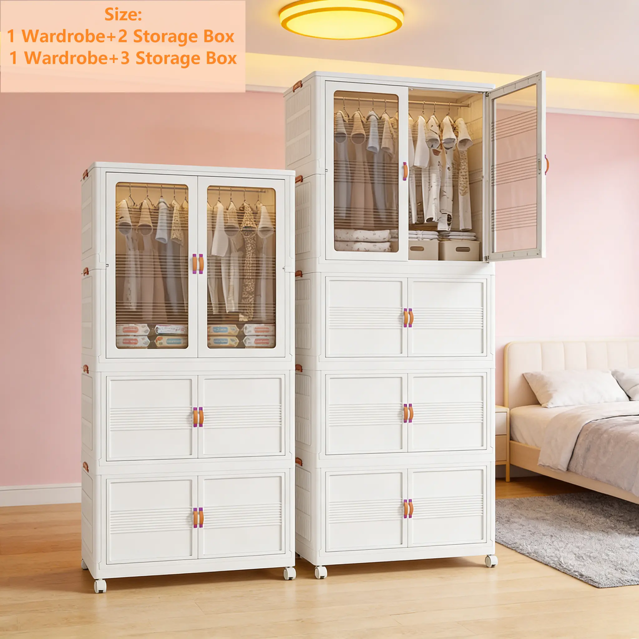 Space-Saving Folding Multifunctional Plastic Storage Cabinet - Stackable Organizer with Wheels, Magnetic Door Lock, Neat Divider Bins, Fold-Flat Design for Closet, Bedroom | Space Saving Furniture, Room Storage, Easy Room Movement