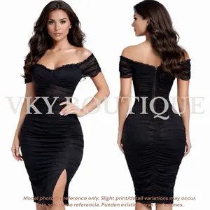 Ruched Off-Shoulder Mesh Corset Midi Dress with Slit AS