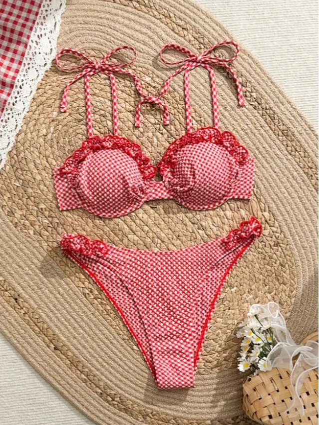 Women's 2-Piece Red And White Striped Knitted Bikini Set - 70s Retro Sweet Plaid Ruffle Underwire Push Up Swimwear For Summer Beach Party Vacation