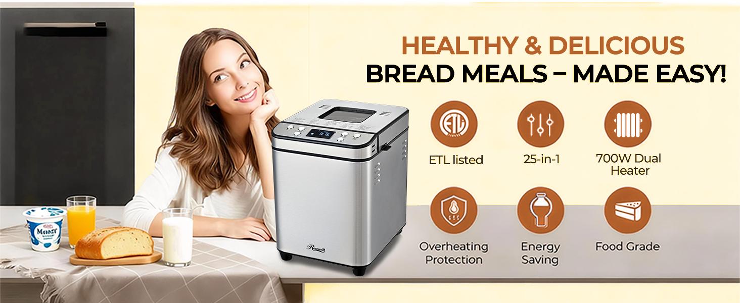 Rosewill 25-in-1 Automatic Bread Maker Machine with 3 Loaf Size up to 2LB, 700W High Power Dual Heater Bread Maker with BPA-free Nonstick Coating Pan, Max 15 Hours Delay Timer, Low Noise - Silver