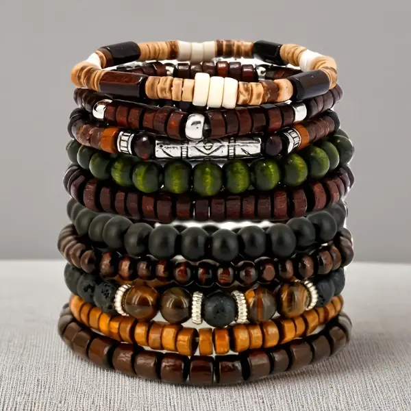 Unisex 10-Bead Wooden Elastic Bracelet Stack Set - Costume Jewelry, Casual Wear Accessory, Ideal Daily Gift for Friends, 10‑Bead Variety