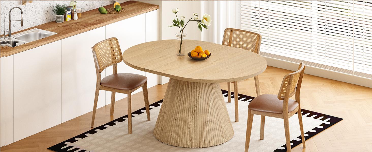 Giratree 43.3"–59" Expandable Round Dining Table for 4–8, Space-Saving Oval Dining Table with Detachable Leaves, Modern Transformer Table with Fluted Pedestal Base for Kitchen & Dining Room